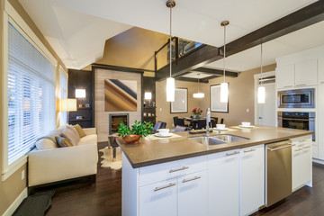 Modern, bright, kitchen and living room in a luxury house. Interior design.