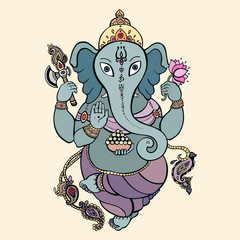 Hindu God Ganesha. Ganapati. Vector hand drawn illustration. Meditation in lotus pose