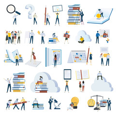 Fototapeta na wymiar Flat design people concept icons isolated on white. Set of vector illustrations for education, e-learning, online training and course, education app and cloud, investments in education, science, ebook
