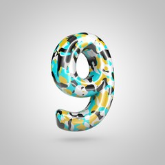 Camouflage number 9 with cyan, black and yellow camouflage pattern isolated on white background.