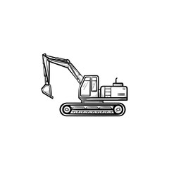 Excavator with moving backhoe hand drawn outline doodle icon. Machinery vector sketch illustration for print, web, mobile isolated on white background. Construction industry and machinery concept.