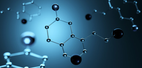 3d illustration. Model of serotonin molecule, Hormone of Happiness. - obrazy, fototapety, plakaty