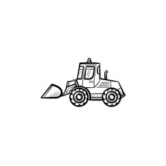 Fototapeta na wymiar Buldozer with moving backhoe hand drawn outline doodle icon. Excavator vector sketch illustration for print, web, mobile isolated on white background. Construction industry and machinery concept.