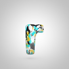 Camouflage letter R lowercase with cyan, black and yellow camouflage pattern isolated on white background.