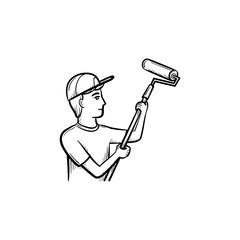 Man painting with a roller hand drawn outline doodle icon. Worker remodeling walls with a paint roller vector sketch illustration for print, web, mobile and infographics isolated on white background.