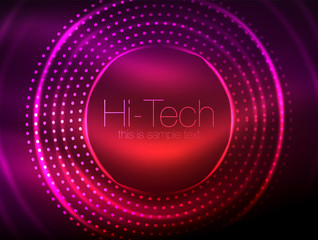 Magic neon circle shape abstract background, shiny light effect template for web banner, business or technology presentation background or elements, vector illustration