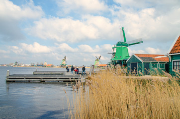 Fototapeta premium Dutch windmills in dry grass