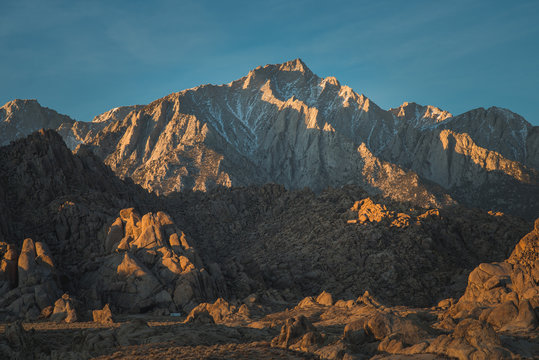 Panorama of Glowing Lone Pine Peak Sunrise, Alabama Hills, Lone Pine, California