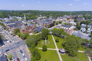 Natick First Congregational Church, Town Hall and Common aerial view in downtown Natick, Massachusetts, USA.