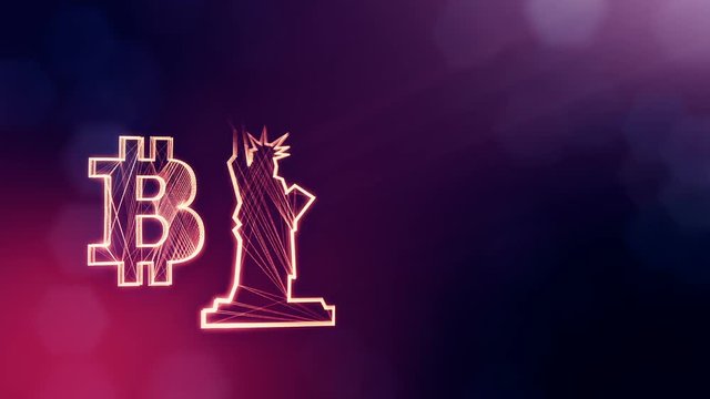 Bitcoin logo and a statue of freedom. Financial background made of glow particles as vitrtual hologram. Shiny 3D loop animation with depth of field, bokeh and copy space.Violet background 1