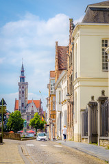 Beautiful canal Spiegelrei and Jan Van Eyck Square in Bruges (Brugge), Belgium