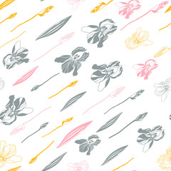 Big iris flowers . Floral vector seamless pattern with hand drawn  flowers and leaves.
