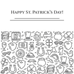 St. Patrick's Day theme black and white banner. Pictograms of shamrock, leprechaun hat, gold and other holiday related pictograms. Line out. Simple silhouette. Editable stroke. Vector illustration