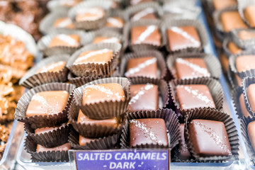 Macro closeup of chocolate dark salted caramels squares bars candy sweet dessert treats with sign on tray display in store, shop, bakery, cafe