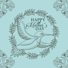 cute bird in wreath floral border decoration - happy mothers day drawing in green background vector illustration