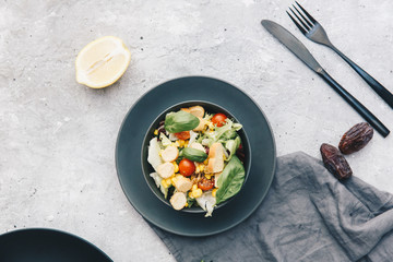 Salad with fresh summer vegetables, top view