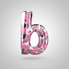 Camouflage letter B lowercase with pink, grey, black and white camouflage pattern isolated on white background.