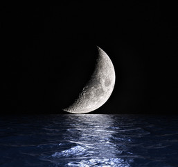 Bright moon shining on the blue sea at night