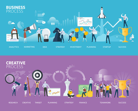 Flat design style web banners of business process and creative process. Vector illustration concepts for business plan, startup, design process, product development, creativity and innovation.