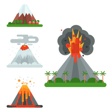Volcano magma vector nature blowing up with smoke crater volcanic mountain hot natural eruption earthquake illustration.