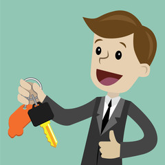Car sale. Businessman or manager is holding a key of a new car. Happy, smile. Business concept cartoon illustration.