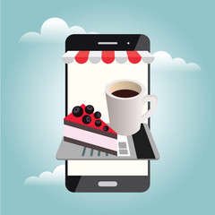Online shopfront. Food delivering. Mobile searching. Coffee and cake. Online payments by credit card