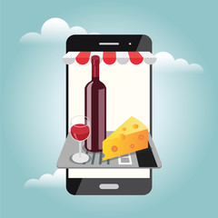 Online shopfront. Isometric food delivering. Looking for bar or dinner. Mobile searching. Bar or wine shop. Online payments by credit card