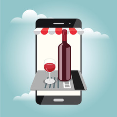 Online shopfront. Isometric food delivering. Looking for bar or dinner. Mobile searching. Bar or wine shop. Red wine. Online payments by credit card