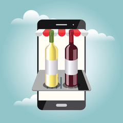 Online shopfront. Isometric food delivering. Looking for bar or dinner. Mobile searching. Bar or wine shop. Red and white wine. Online payments by credit card
