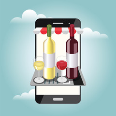 Online shopfront. Isometric food delivering. Looking for bar or dinner. Mobile searching. Bar or wine shop. Red and white wine with glasses. Online payments by credit card