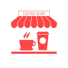 Coffee Shop, Cafe Single Flat Vector Icon. Striped Awning and Signboard