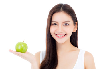 Beautiful young asian woman smile and holding green apple fruit with wellness and healthy isolated on white background.