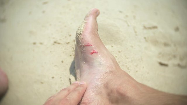 human feet, cut about corals, while swimming in the sea. 4, slow motion