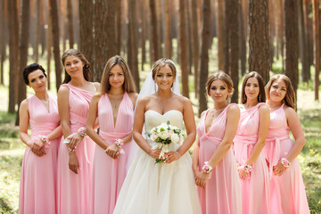 Group portrait of bride in white bridal dress and bridesmaids in pink dresses. Stylish and luxury wedding. Marriage concept - obrazy, fototapety, plakaty