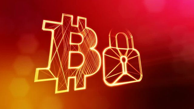 Bitcoin logo logo and emblem of lock. Financial background made of glow particles as vitrtual hologram. Shiny 3D loop animation with depth of field, bokeh and copy space. Red background v1