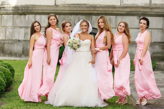 Beautiful Bridesmaids In Pink Dresses Posing And Looking To Camera At Wedding Day. Group Wedding Portrait Of Guests With Bride In White Wedding Dress