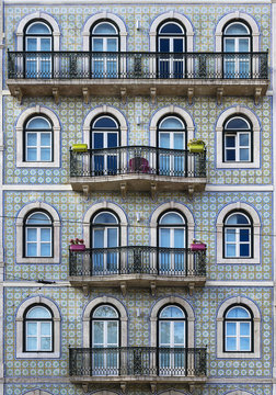 Exterior view of building with ornate balconies