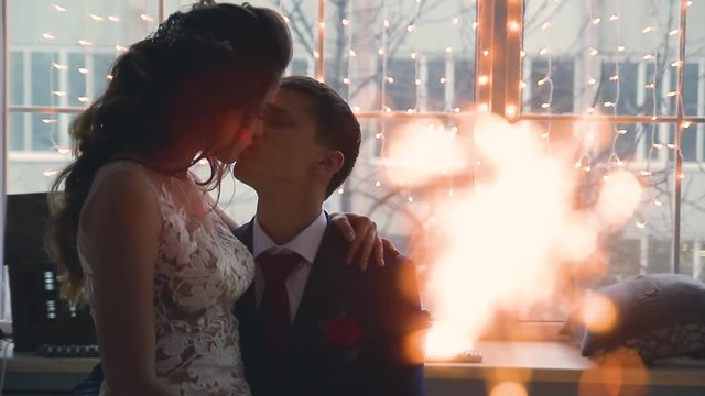 Beautiful young loving wedding couple in new year interior with Bengali lights