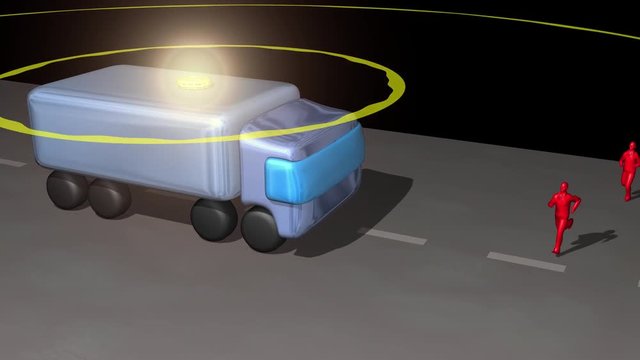 Autonomous truck with scan signal stops to avoid hitting joggers.3d animation