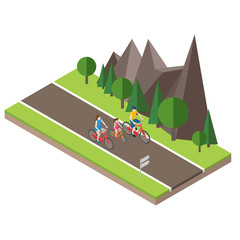 Isometric countryside. Summer road. Family cycling on countryside summer sunny road or highway. Mother, father and daughter.