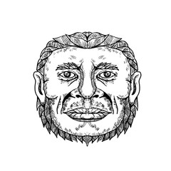 Doodle art illustration of head of male Neanderthal ,Neandertal or Homo neanderthalensis, an archaic human that became extinct front view in black and white done in mandala style.