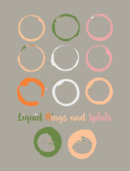 Water Rings and Splats. Vector Vintage Coffee Shop Logo Element. Colorful Juice Splatter. Uneven Textured Stamp Frames, Cup, Mug Stains, Liquid Water Rings, Watercolor Splats. Turquoise, Orange Drops