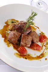 Lamb loin with herbs sauce with toasted sweet potato