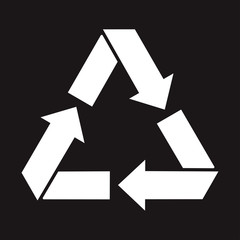 Recycling icon, white waste sign on black background. Vector illustration