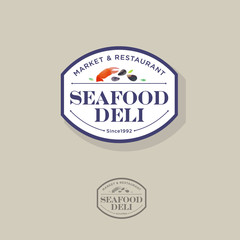 Seafood restaurant and market logo. Red crab claw and shells watercolor illustration emblem. 