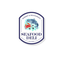 Seafood restaurant and market logo. Red crab, shells, salmon fish watercolor illustration.