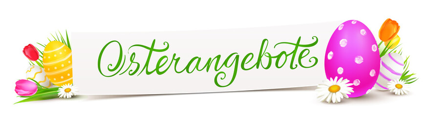 Zettel mit bunten Ostereiern, Blumen und Kalligraphie - Osterangebote