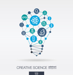 Science integrated thin line web icons. Idea, solution in light bulb shape. Digital network concept. Connected polygons and circles system. Laboratory research, innovation abstract background. Vector