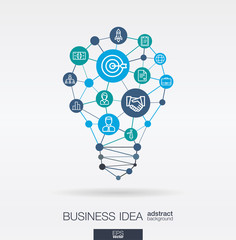 Business integrated thin line web icons. Idea, solution in light bulb shape. Digital network concept. Connected polygons and circles system. Market mission, strategy plan abstract background. Vector
