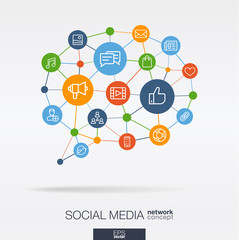 Social Media integrated thin line web icons in speech bubble message shape. Digital neural network concept. Connected polygons system. Background for market service, communicate and share. Vector